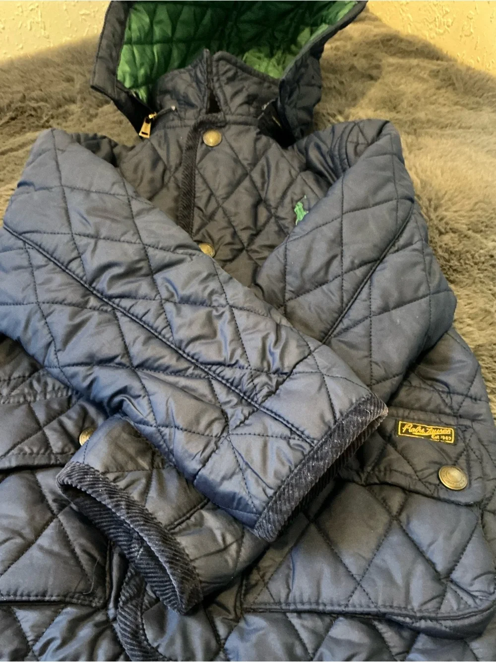 Ralph Lauren Navy Quilted Hooded Puffer with Green Lining